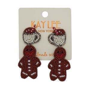 Kay Lee Christmas Ginger Bread Man Hot Cocoa Seed Bead Earrings